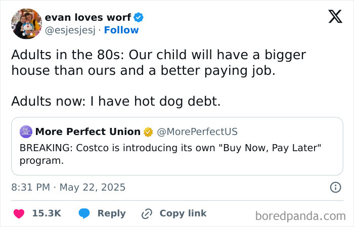 Social media meme contrasting 80s adult expectations with current financial struggles, shared in a powerful memes group.