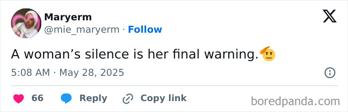 A social media post sharing a cute and wholesome message about a woman’s silence as a final warning.