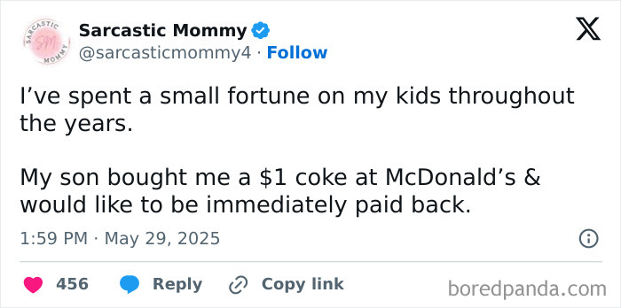 Parenting humor post about spending money on kids and a son wanting immediate repayment for a $1 soda purchase.