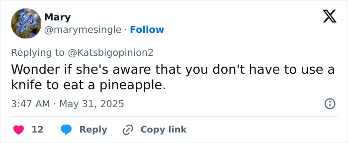 Tweet from Mary questioning the necessity of a knife to eat pineapple, related to Meghan Markle kitchen hack criticism.