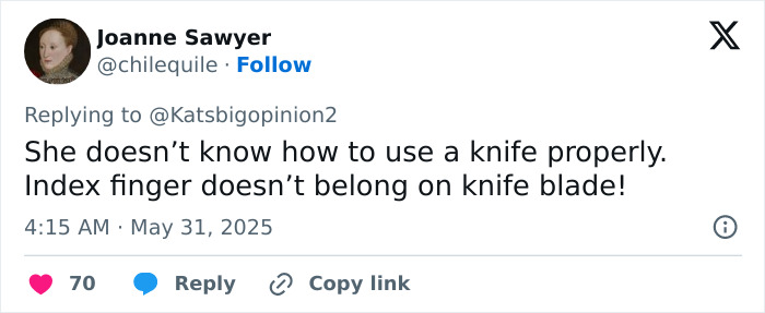 Tweet screenshot showing a user criticizing Meghan Markle&rsquo;s kitchen hack, commenting on improper knife use.