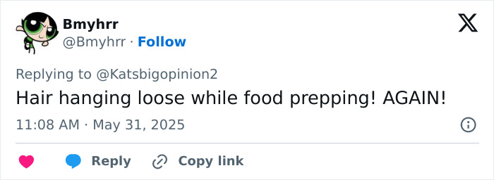 Tweet from user Bmyhrr commenting on hair care while food prepping, relating to Meghan Markle hack criticism.