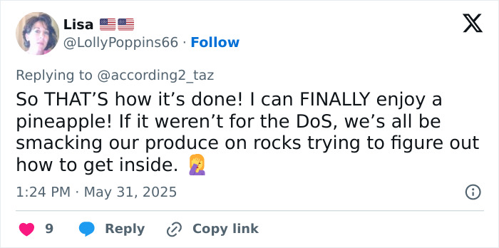 Screenshot of a Twitter reply criticizing Meghan Markle&rsquo;s kitchen hack for pineapple preparation, sparking backlash online.