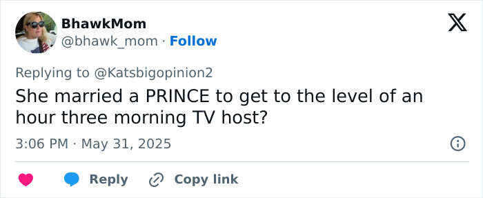 Twitter user commenting on Meghan Markle&rsquo;s TV career after sharing her kitchen hack amid public criticism.