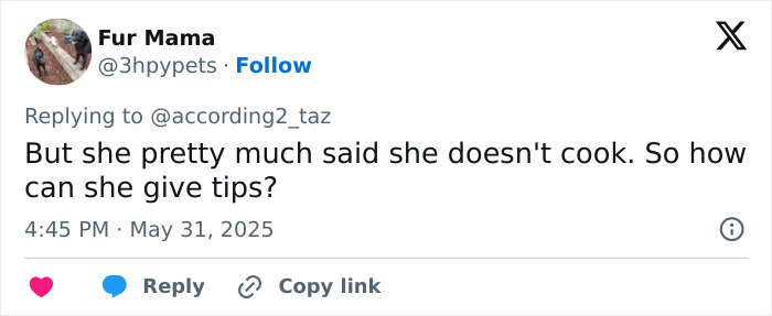 Twitter comment criticizing Meghan Markle after sharing her kitchen hack, questioning her cooking credibility.