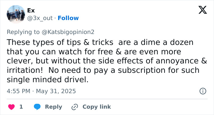 Screenshot of a social media reply criticizing Meghan Markle&rsquo;s kitchen hack tips as common and annoying.