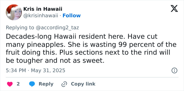 Tweet from Kris in Hawaii criticizing Meghan Markle's pineapple cutting hack, mentioning wasted fruit and tougher rind sections.