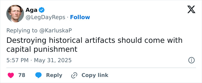 Tweet criticizing tourist for damaging 2000-year-old statues after jumping into an 18-foot pit. Tweet criticizing tourist for damaging 2000-year-old statues after jumping into an 18-foot pit.