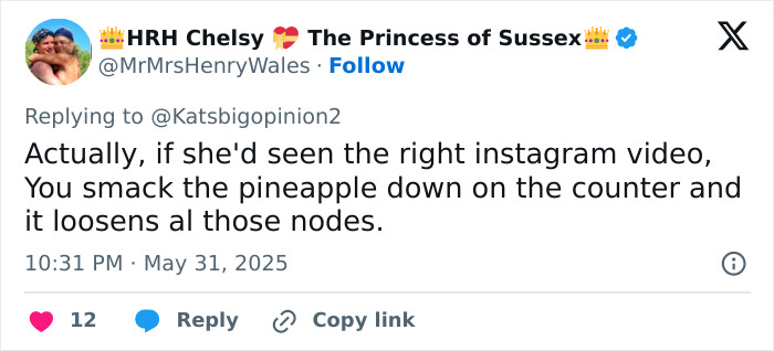 Screenshot of a social media reply discussing Meghan Markle&rsquo;s kitchen hack involving pineapple preparation.