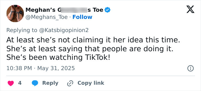 Screenshot of a tweet criticizing Meghan Markle after sharing her kitchen hack, sparking backlash online.