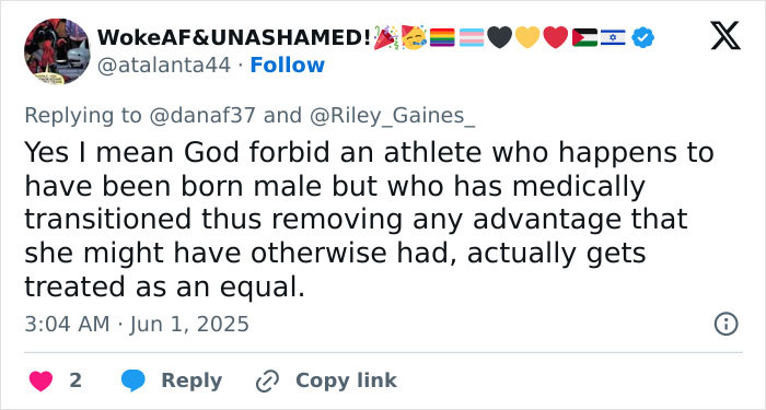 Tweet supporting transgender athlete who won 5th place after cisgender rivals refused to share the podium. Tweet supporting transgender athlete who won 5th place after cisgender rivals refused to share the podium.