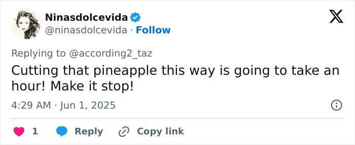 Screenshot of a Twitter reply criticizing Meghan Markle&rsquo;s kitchen hack for cutting pineapple, sparking negative reactions online.