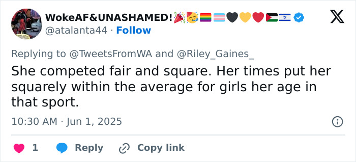 Social media post supporting transgender athlete who won 5th place after cisgender rivals refused to share podium. Social media post supporting transgender athlete who won 5th place after cisgender rivals refused to share podium.