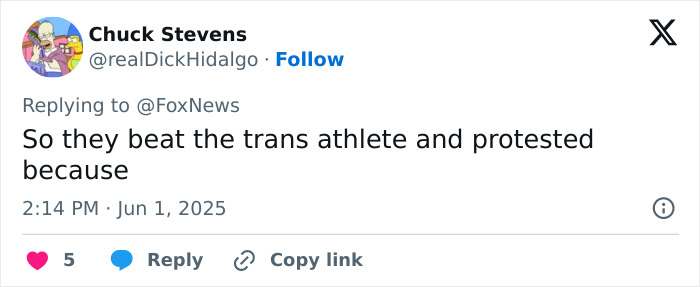 Tweet discussing massive support for transgender athlete who placed fifth after cis rivals refused podium sharing. Tweet discussing massive support for transgender athlete who placed fifth after cis rivals refused podium sharing.
