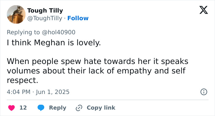 Tweet defending Meghan Markle, addressing backlash after sharing her kitchen hack amid public criticism.