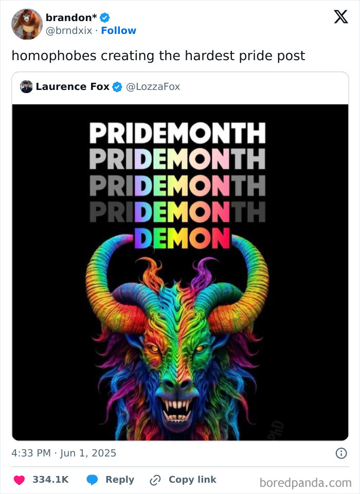 Colorful demon head illustration under a rainbow-colored text design, from a collection of images that made people go hmmm.
