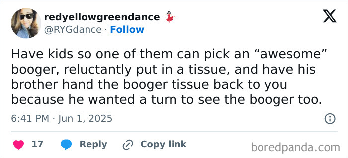 Screenshot of a humorous parenting X post about kids sharing boogers, highlighting funny moments in parenting tweets.
