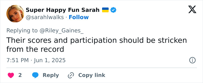 Tweet screenshot showing user Super Happy Fun Sarah commenting that scores and participation should be stricken from the record, related to transgender athlete support. Tweet screenshot showing user Super Happy Fun Sarah commenting that scores and participation should be stricken from the record, related to transgender athlete support.