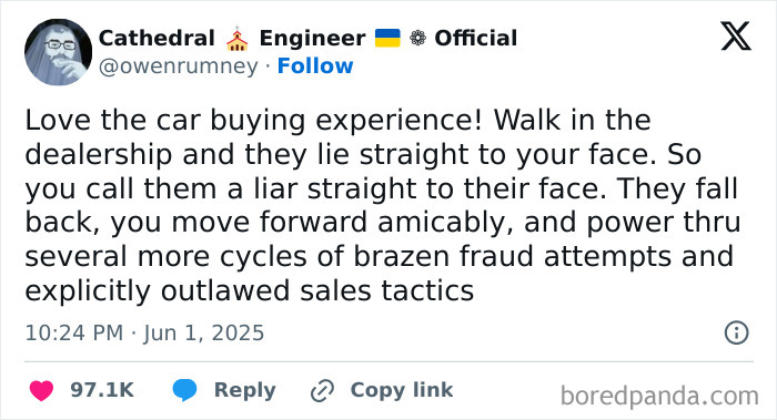 Tweet about a humorous car buying experience highlighting best tweets that c*****d people up in June.