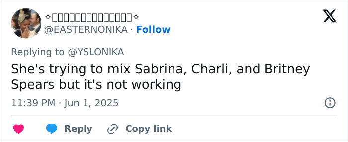 Tweet text on a white background with a profile picture, discussing a comparison of Sabrina, Charli, and Britney Spears.
