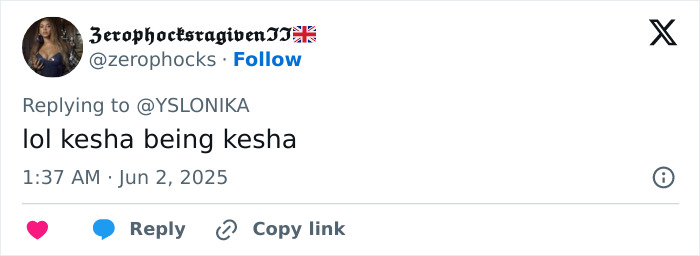Tweet reply saying lol kesha being kesha, related to Kesha slammed for x-rated act at Mighty Hoopla involving banana and dancer&rsquo;s crotch.