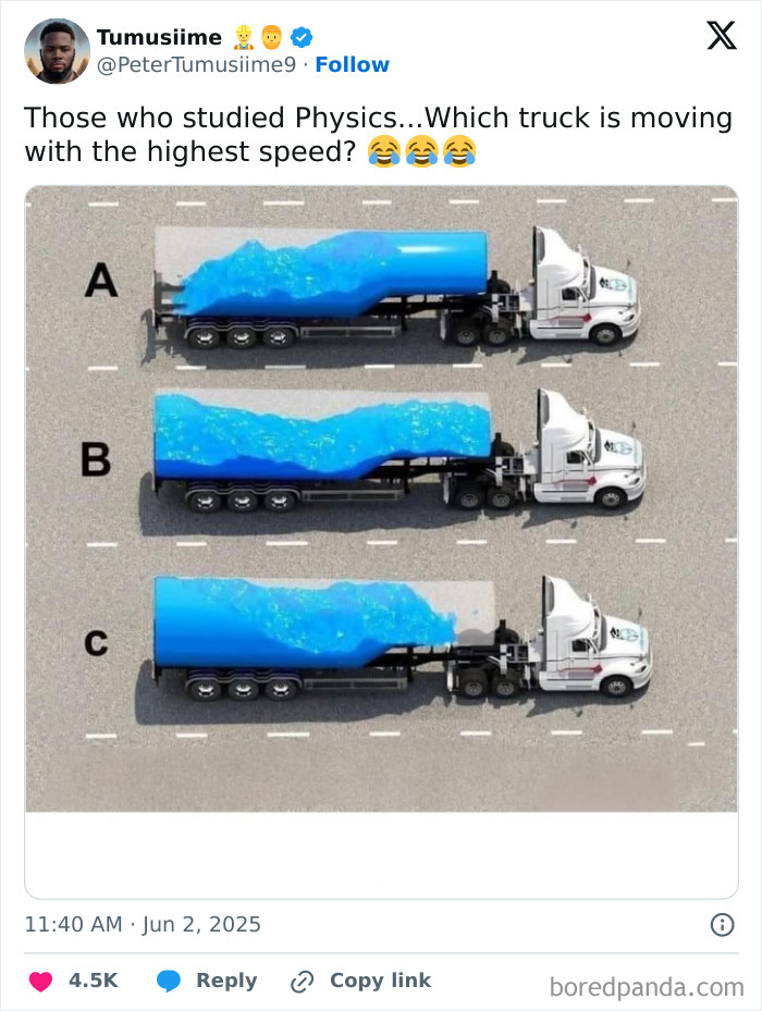 Three trucks with labeled containers showing moving water waves, illustrating a physics concept about speed and motion.