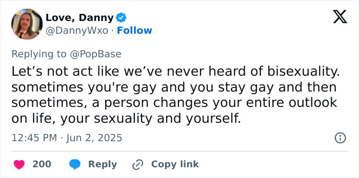 Tweet text about bisexuality sparking backlash on the first day of Pride Month related to JoJo Siwa's post about orientation.