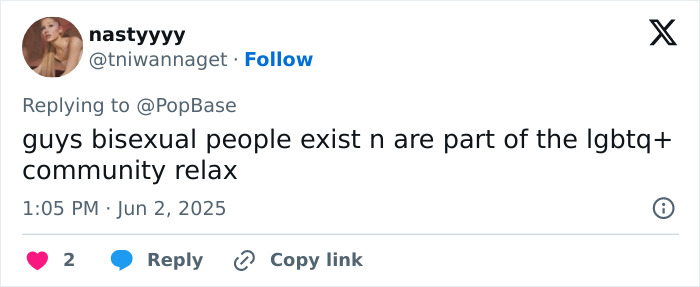 Tweet discussing bisexual people as part of the LGBTQ+ community in response to JoJo Siwa's Pride Month orientation post backlash.