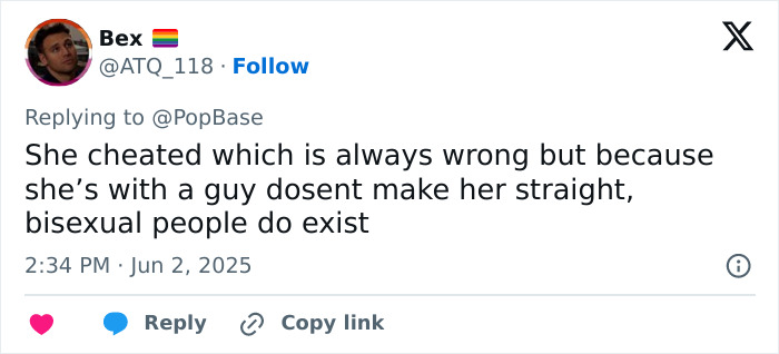 Tweet discussing bisexual orientation and backlash related to JoJo Siwa&rsquo;s Pride Month post on the first day of Pride Month.