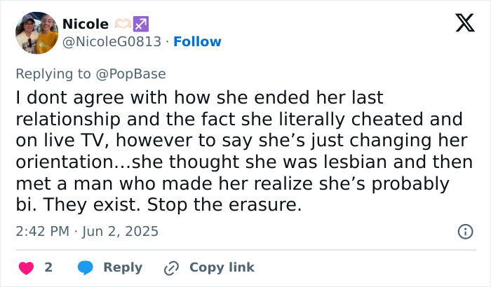 Tweet discussing backlash over JoJo Siwa's post about orientation and Pride Month on social media platform.