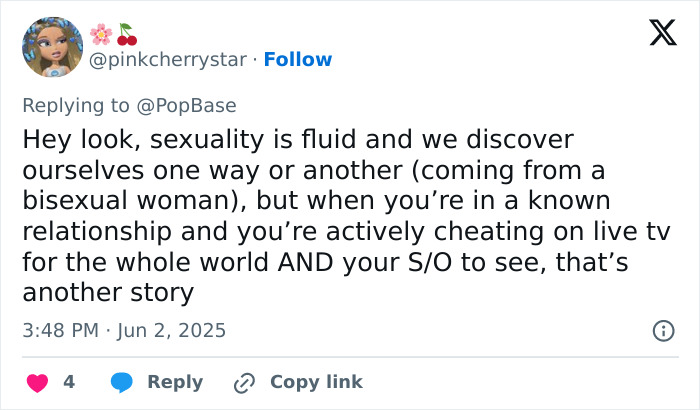 Screenshot of a social media reply discussing sexuality fluidity and controversy during Pride Month related to JoJo Siwa's post.
