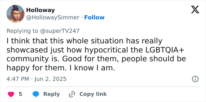 Screenshot of a social media reply discussing LGBTQIA+ community and orientation on the first day of Pride Month.
