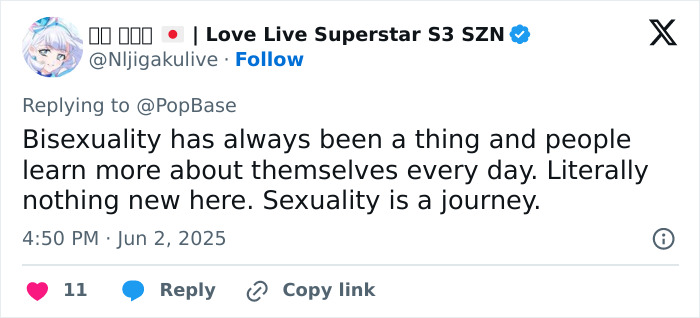 Screenshot of a tweet discussing bisexuality and sexuality as a journey in relation to JoJo Siwa's pride month orientation post backlash.