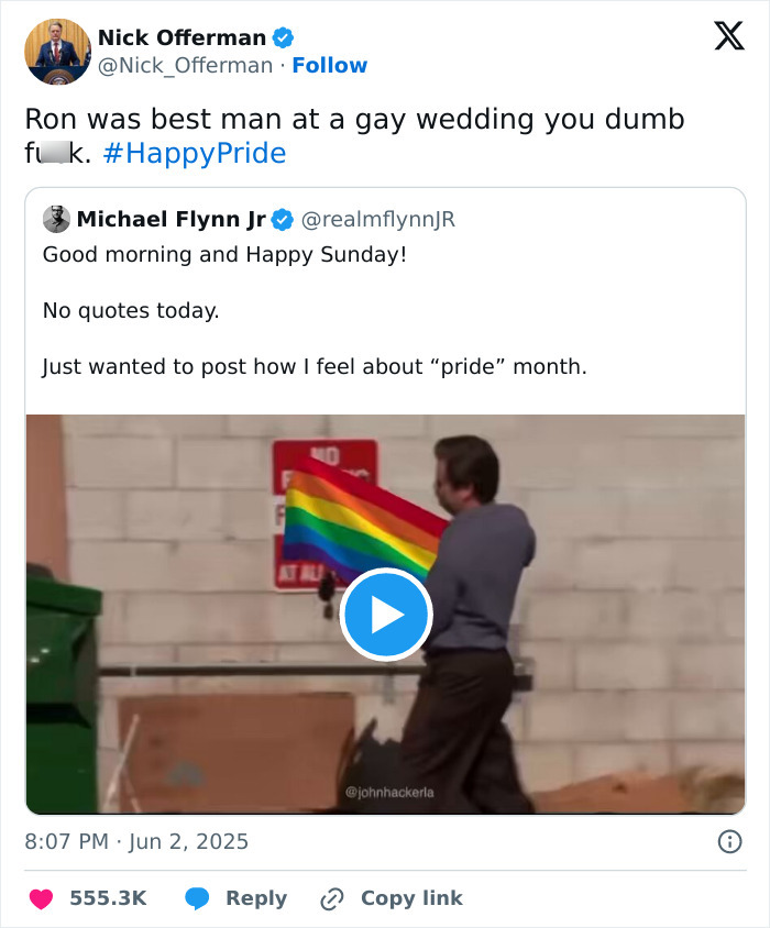 Nick Offerman's praised brutal clapback against homophobe in response to Pride month comments on Twitter. Nick Offerman's praised brutal clapback against homophobe in response to Pride month comments on Twitter.