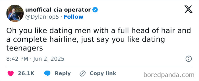 A humorous tweet about dating men with a full head of hair, featured among the best tweets that c*****d people up.