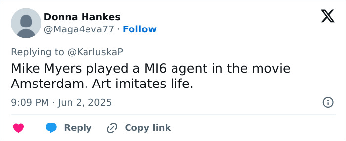 Tweet by Donna Hankes referencing Mike Myers playing an MI6 agent and the connection to a CIA request in Diddy's trial.