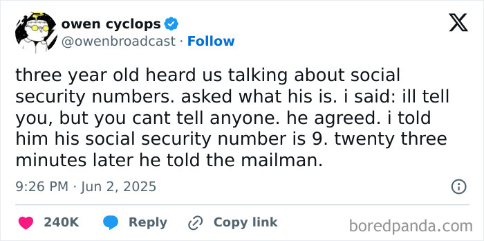 Tweet humor about a three-year-old and social security numbers from one of the best tweets that c*****d people up in June.