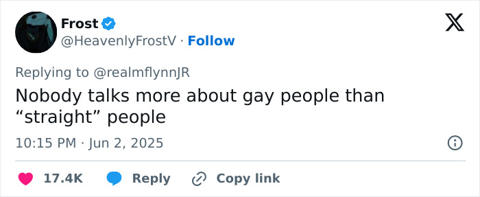 Tweet from Frost replying to Michael Flynn’s son, addressing anti-Pride remarks with a comment on straight people and gay visibility. Tweet from Frost replying to Michael Flynn’s son, addressing anti-Pride remarks with a comment on straight people and gay visibility.