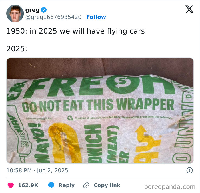 Tweet humor about 2025 expectations with a Subway sandwich wrapper saying do not eat this wrapper.
