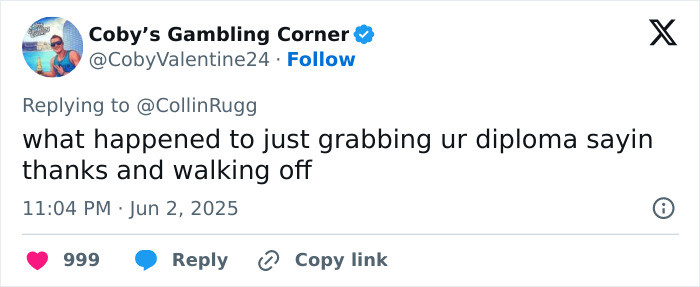 Tweet reacting to a Florida high school grad crashing into a classmate during a viral stage mishap at graduation.