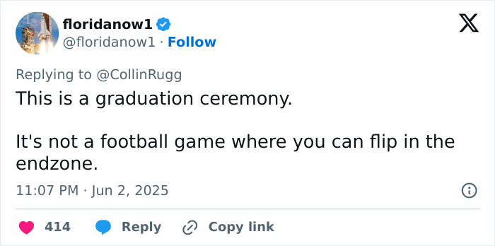 Tweet from Floridanow1 discussing a Florida high school grad crashing into a classmate during a viral stage mishap.