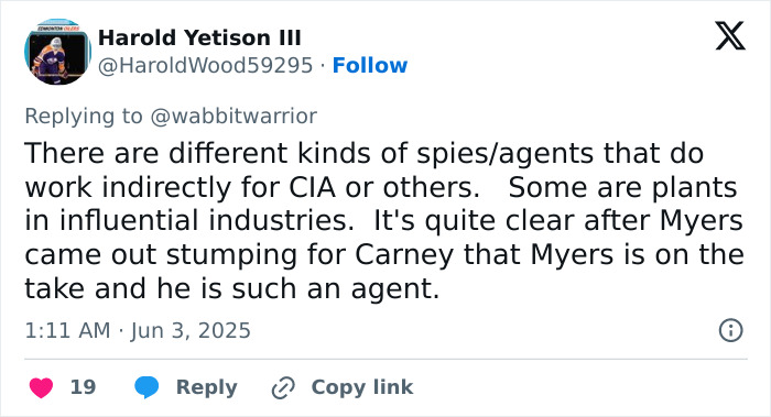 Tweet discussing Mike Myers' alleged CIA involvement and mentions of spies in influential industries in relation to Diddy's trial.