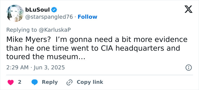 Tweet discussing Mike Myers' alleged CIA request and mentioning the growing list of celebrities in the trial witness account.
