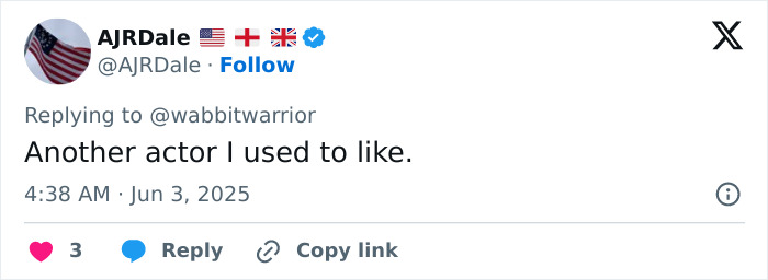 Tweet from AJRDale with American and UK flags in profile picture, commenting on actor amid Diddy's trial witness revelations.