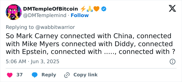 Tweet by DMTempleOfBitcoin discussing connections between Mike Myers and Diddy in relation to CIA and other figures.