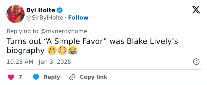 Tweet from Byl Holte reacting to Blake Lively&rsquo;s biography and mentioning a popular film title.