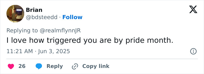 Screenshot of a tweet replying to Michael Flynn's son, referencing pride month and sparking Nick Offerman's reply. Screenshot of a tweet replying to Michael Flynn's son, referencing pride month and sparking Nick Offerman's reply.