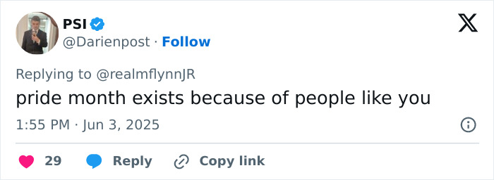 Social media reply highlighting pride month, related to Nick Offerman slamming Michael Flynn's son over anti-pride post. Social media reply highlighting pride month, related to Nick Offerman slamming Michael Flynn's son over anti-pride post.