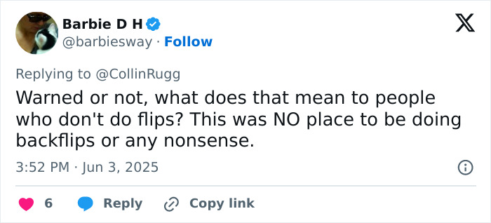 Tweet discussing a Florida high school grad crashing into classmate during a viral stage mishap about backflips.