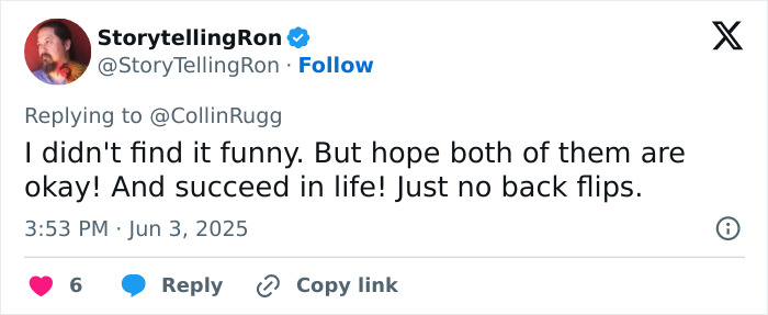 Screenshot of a tweet reacting to a viral Florida high school grad crashing into classmate during a stage mishap.